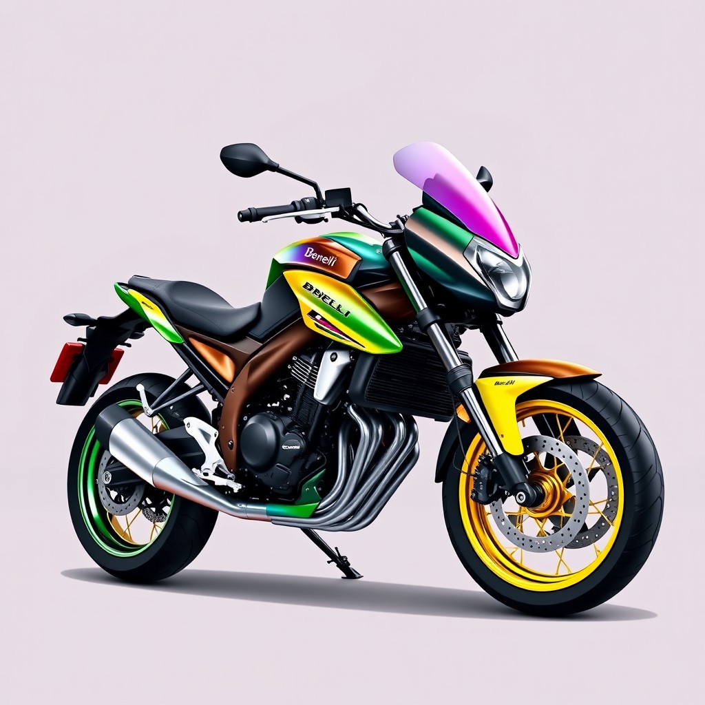A stunning illustration of a Benelli 180s motorcycle featuring an array of vibrant colors, including lime green, metallic purple, dark gray, leather brown, metallic green, pink, dark blue, lemon yellow, light brown, and bright yellow
