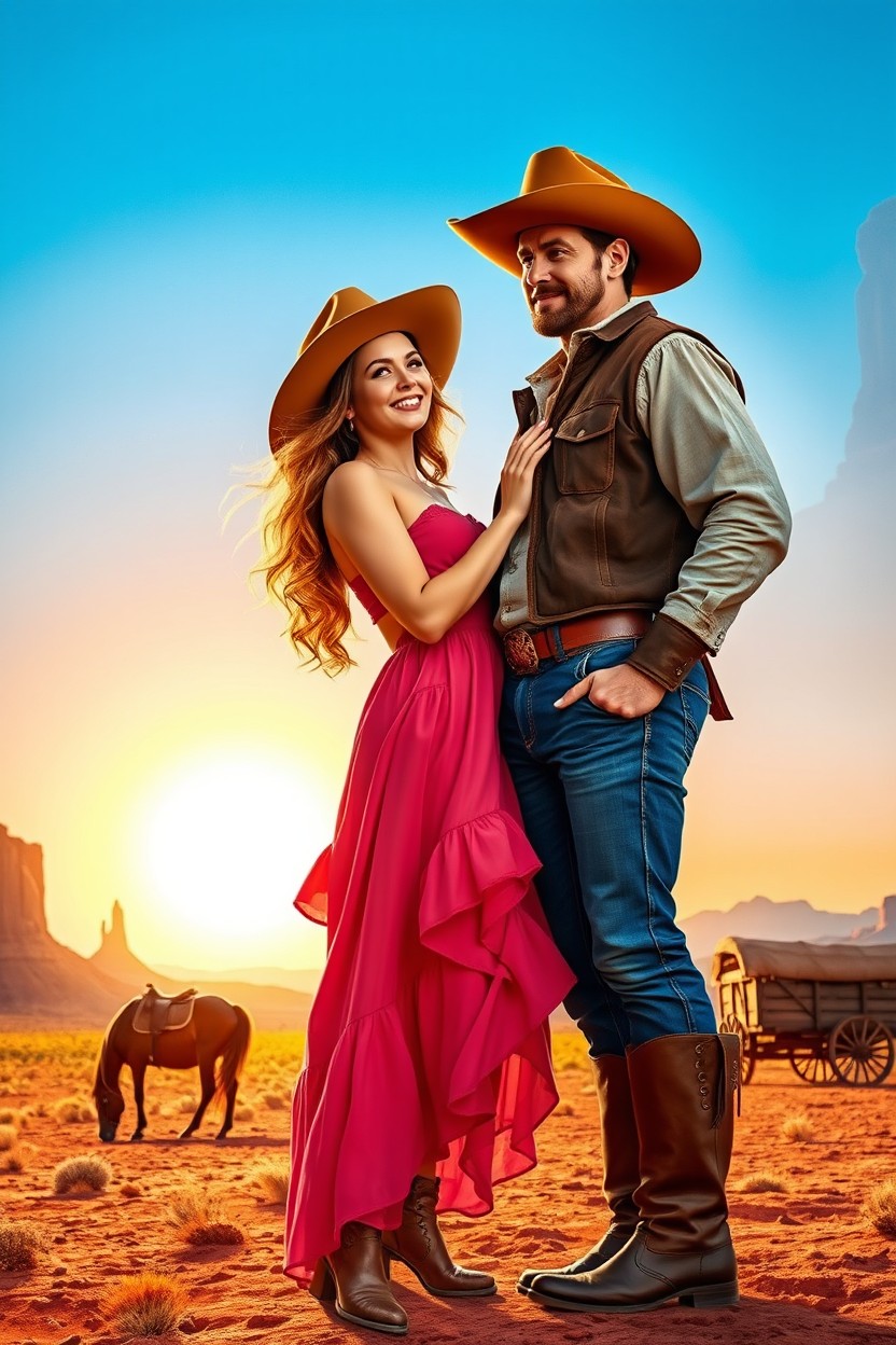 A captivating Western romance scene titled "Vengeance Trail" featuring a rugged cowboy with a charming smile, wearing a classic hat and leather boots, standing beside a stunning woman in a flowing sundress