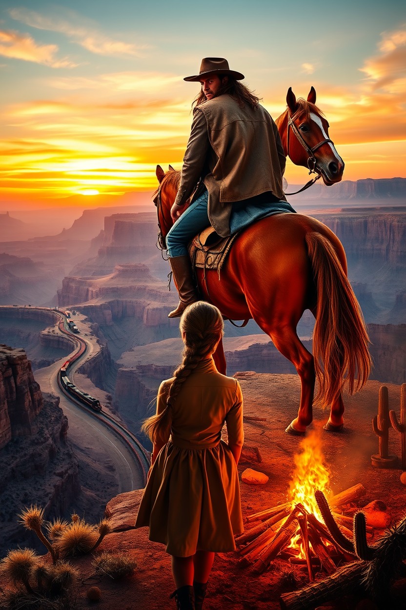 A breathtaking scene from a Western romance titled 'Vengeance Trail', set in a vast, rugged landscape of the American west