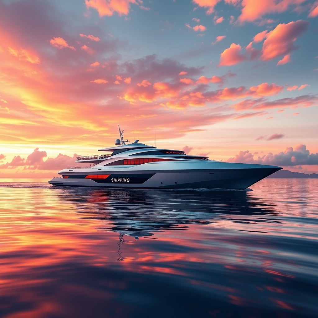 A modern, stylish profile picture featuring a sleek, futuristic ship sailing through calm waters under a vibrant sunset sky, reflecting shades of orange, pink, and purple on the water