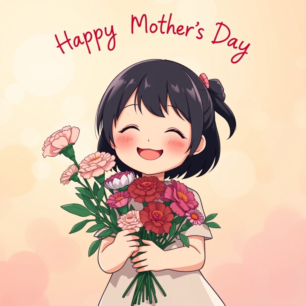 A young girl in the style of Studio Ghibli, holding a bouquet of carnations with both hands, her face radiant with a joyful smile