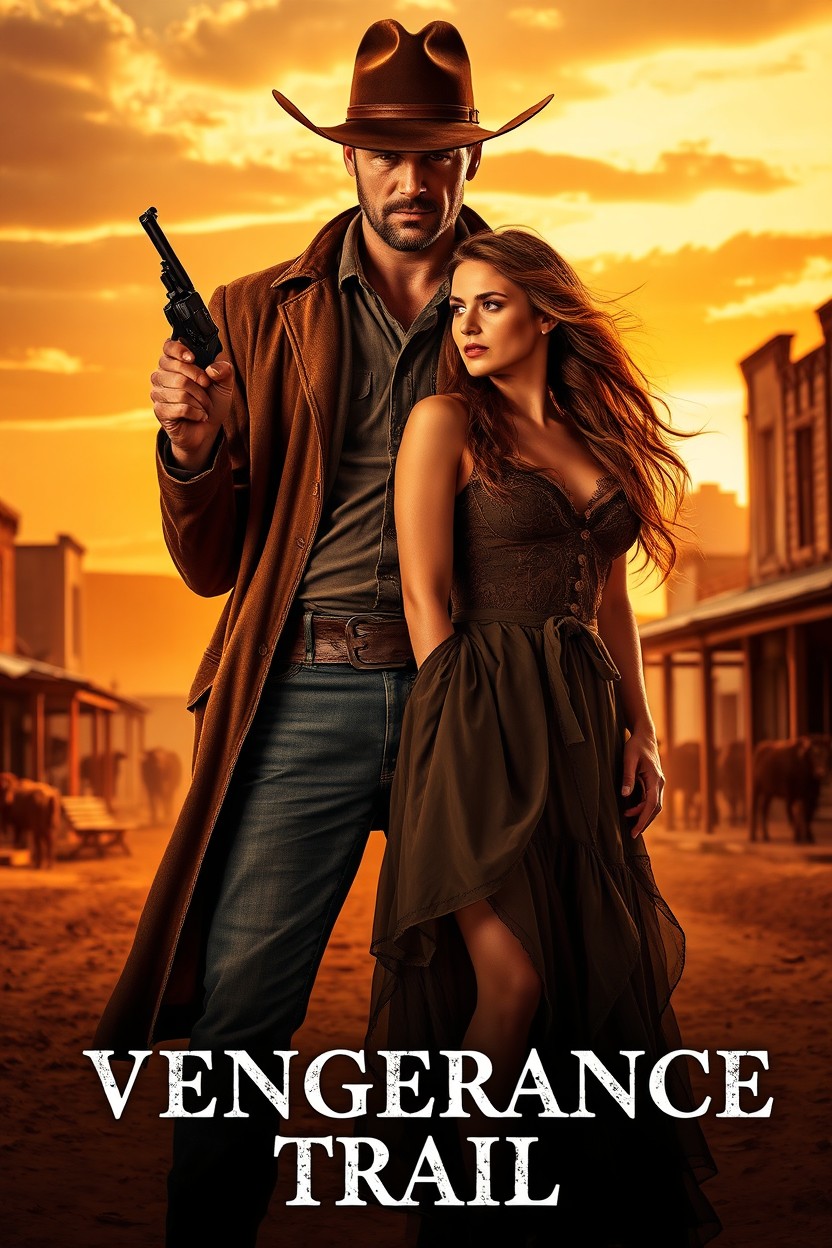 A dramatic and passionate scene from a Western romance titled "Vengeance Trail