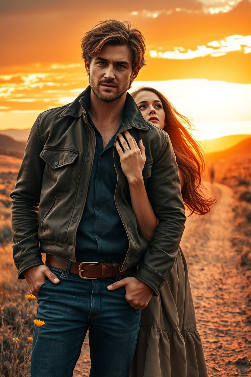 A captivating Western romance scene inspired by 'Vengeance Trail', set in the rugged, sun-drenched landscapes of the American West