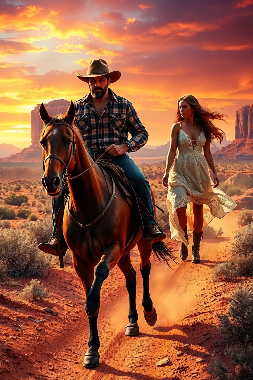 A dramatic scene from a Western romance titled "Vengeance Trail" set in the dusty, rugged landscape of the Wild West