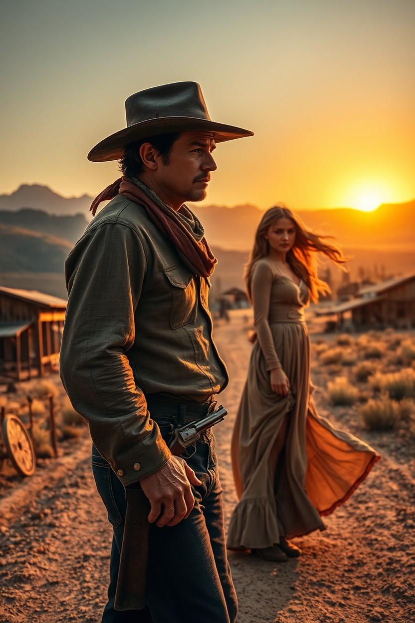 A captivating Western romance scene set in the late 1800s, featuring a rugged cowboy standing on a dusty trail, gazing determinedly into the horizon