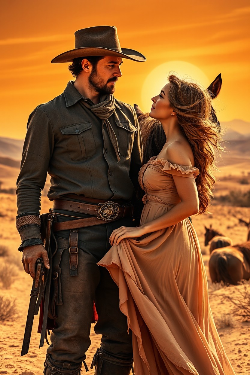 A dramatic Western romance scene titled "Vengeance Trail," depicting a rugged cowboy and a beautiful frontier woman in the midst of a dusty, sunlit landscape