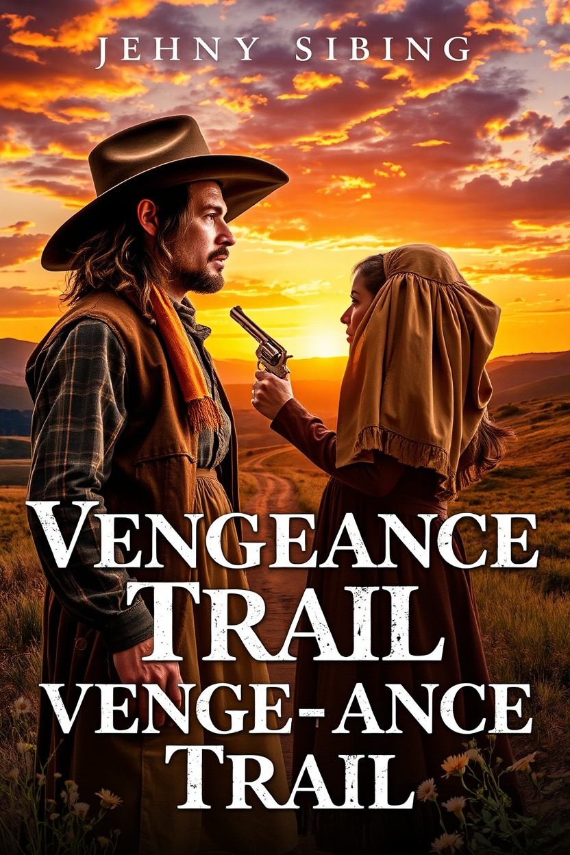 A captivating scene from a Western romance titled "Vengeance Trail", featuring a rugged cowboy with a weathered face and a determined look on his eyes, standing against a dramatic sunset in the backdrop