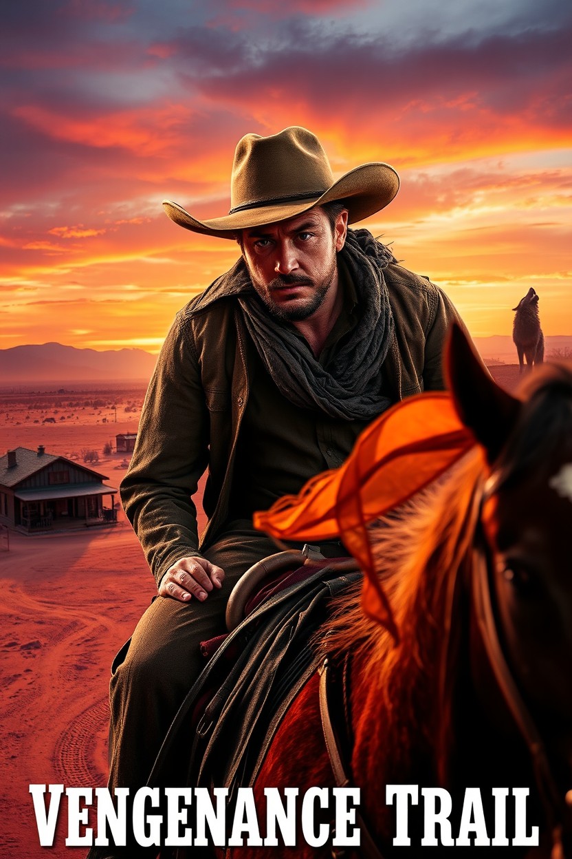 A captivating scene from a Western romance titled "Vengeance Trail", showcasing a rugged cowboy with a determined expression riding a strong horse across a vast desert landscape under a colorful sunset