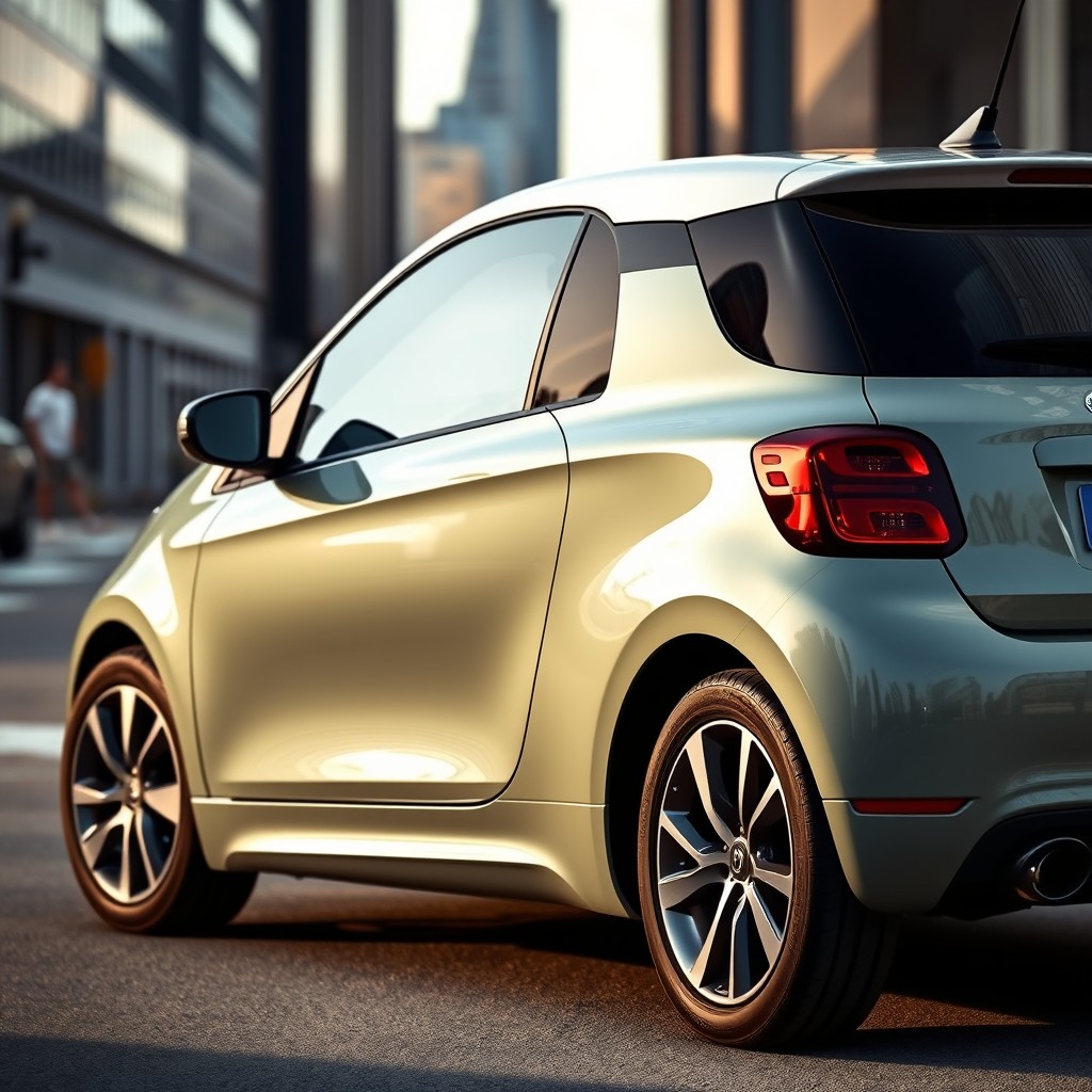 A sleek and modern car featuring a greenish ash colored body with a contrasting white roof