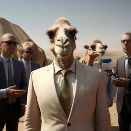 A humanoid figure with camel-like features, elegantly dressed in a business suit, speaking to the media