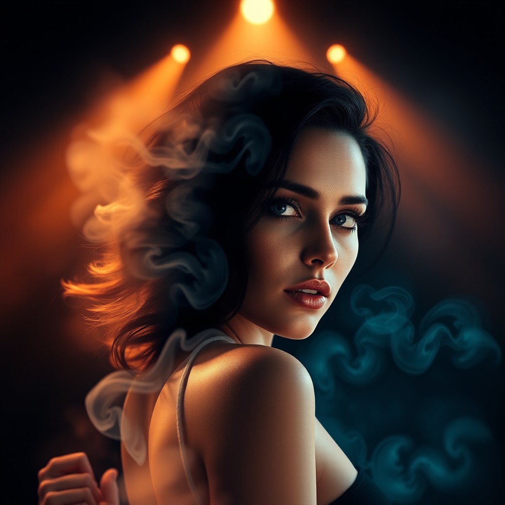 A high-quality music cover art design featuring a beautiful lady with half of her face fading away into smoke