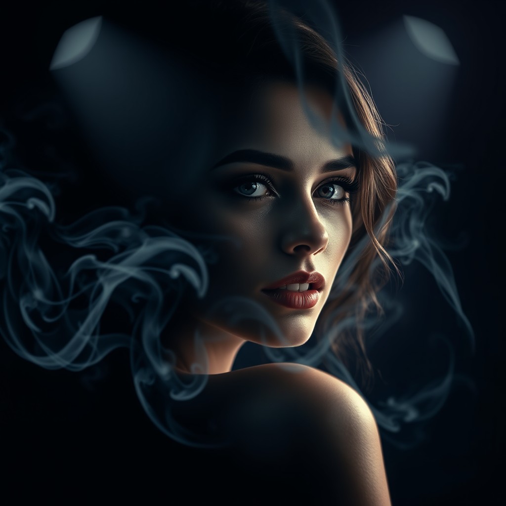 A captivating music cover art featuring a stunning lady with half of her face elegantly fading away into swirling smoke