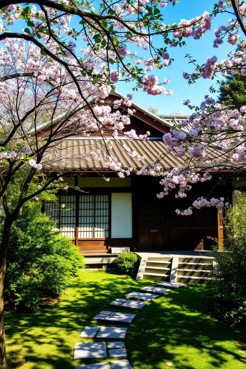 A traditional Japanese old house, featuring wooden architecture with sliding shoji doors, a thatched roof, and a serene garden filled with cherry blossoms