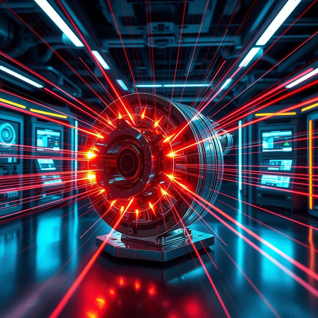 A futuristic scene depicting a plasma magnetic motor, with intricate details showcasing its core mechanism and energy flow