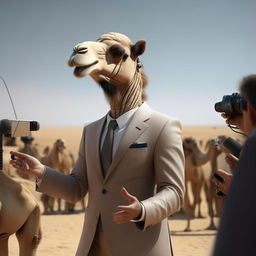 A humanoid figure with camel-like features, elegantly dressed in a business suit, speaking to the media