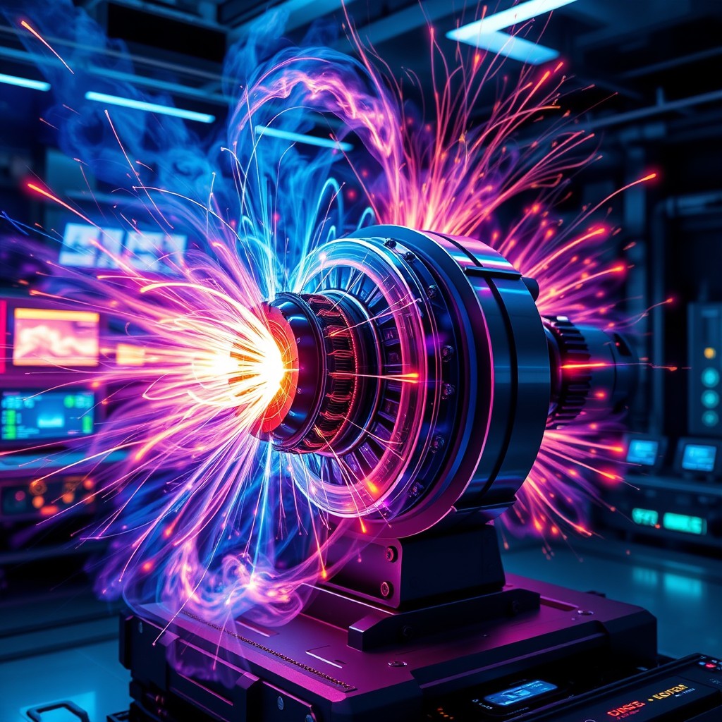 A futuristic plasma magnetic motor with intricate detailing, showcasing powerful plasma discharges and magnetic fields swirling around vividly