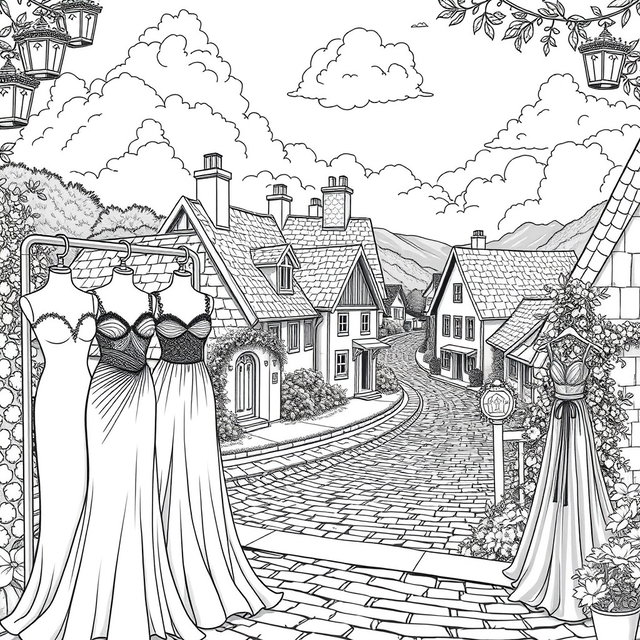 A charming black and white illustration for coloring, featuring a picturesque village scene set in reality