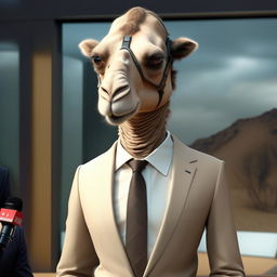 A humanoid figure with camel-like features, elegantly dressed in a business suit, speaking to the media