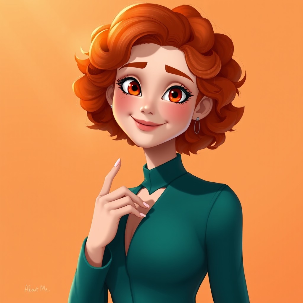 A semi-realistic 2D digital illustration of a young woman with bright orange curly hair, featuring a soft smile and kind eyes