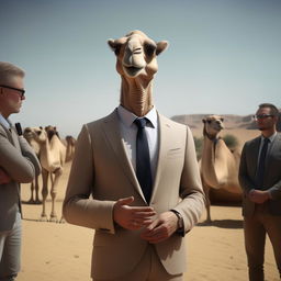 A humanoid figure with camel-like features, elegantly dressed in a business suit, speaking to the media