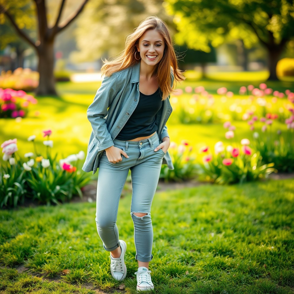 A young woman in a casual but stylish outfit, standing in a playful pose as she humorously notices a rip in her pants