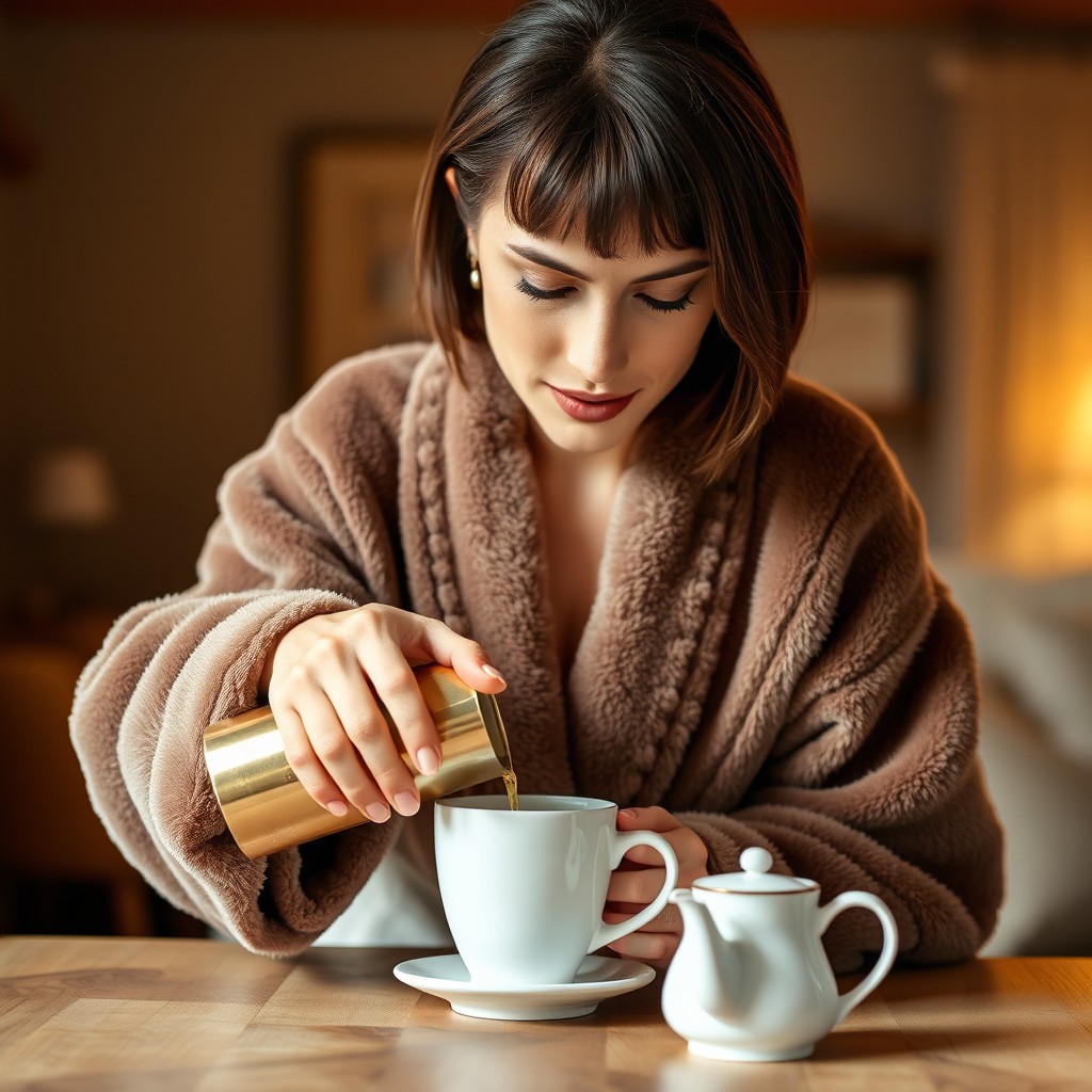 A stunning 35-year-old brunette woman with short hair and bangs leans gracefully over a wooden table, pouring a steaming cup of coffee into a delicate white mug