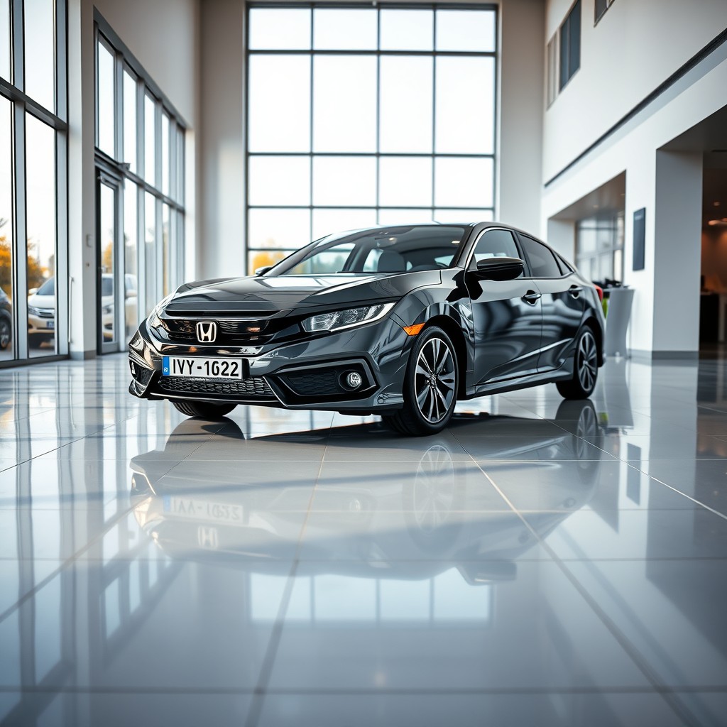 A photorealistic image of a black Honda Civic inside a modern car dealership showroom