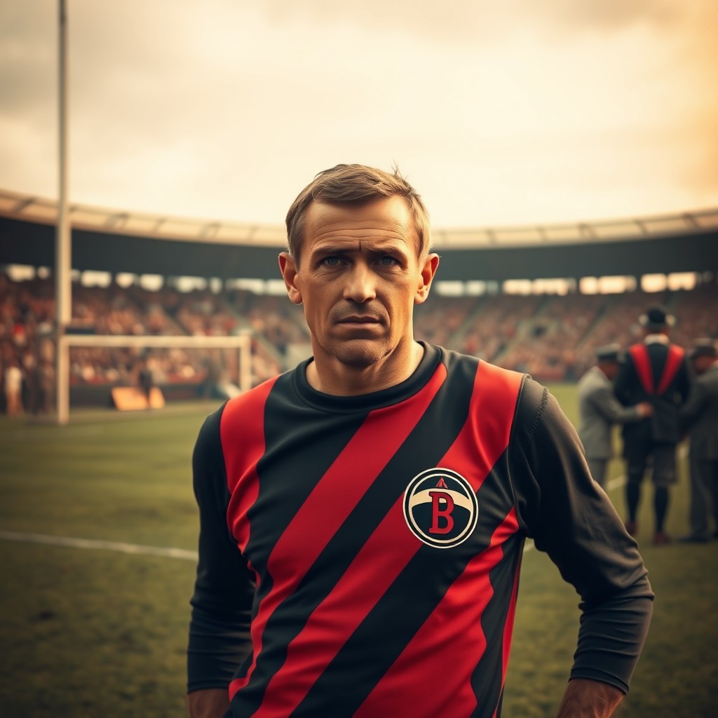 A nostalgic scene featuring a vintage Australian Rules Football player, specifically an old Essendon Bombers player in classic team colors