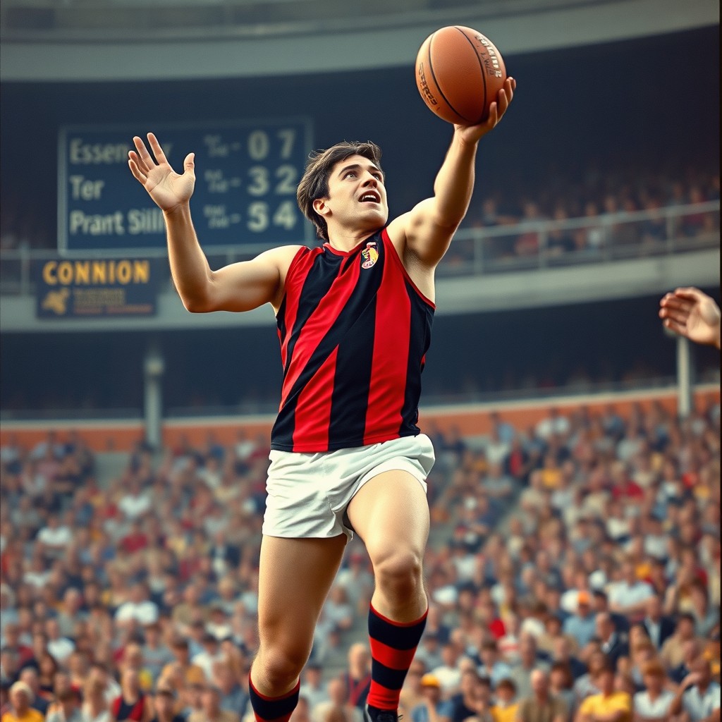 A vintage sports portrait of a legendary ruckman from the Essendon Bombers, prominently displayed in an iconic 1960s football jersey, showcasing the classic red and black stripes