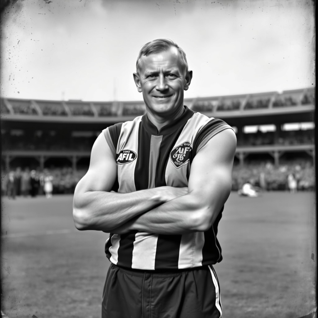 A vintage black and white photograph of a 100-year-old Essendon Bombers ruckman, wearing a classic AFL jersey from the early 20th century, with a proud expression on his face