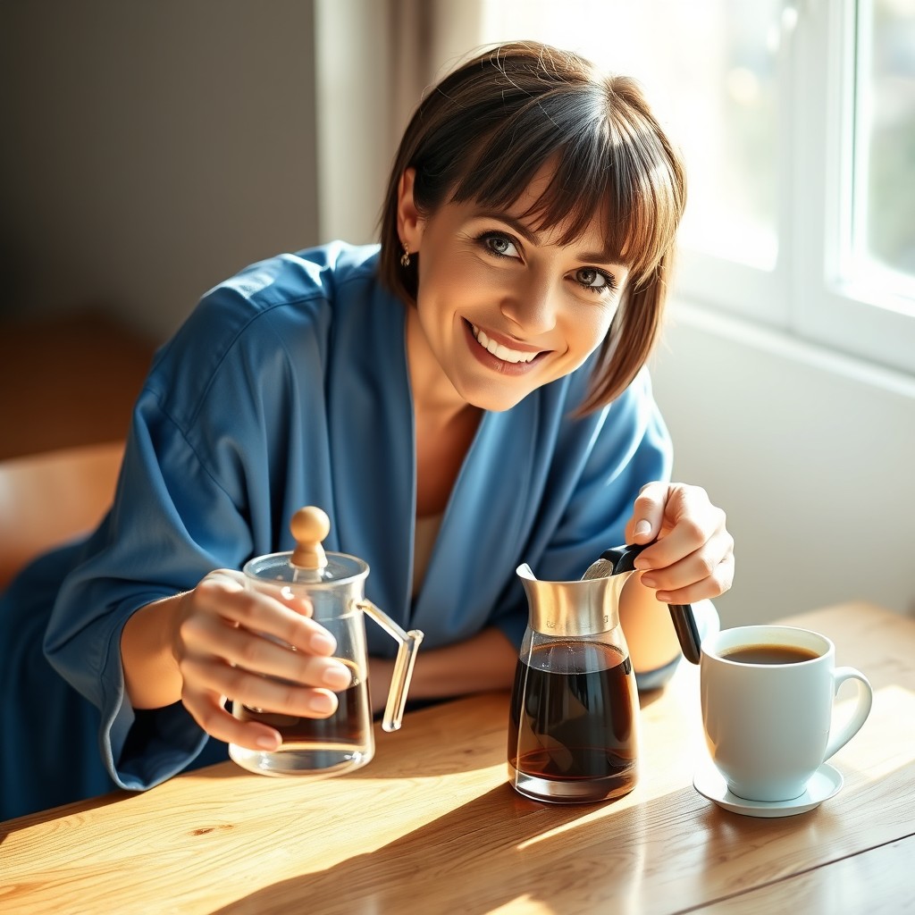 A beautiful 32-year-old brunette woman with short hair and bangs leans over a wooden table, holding a coffee pot as she pours a cup of coffee on the opposite side
