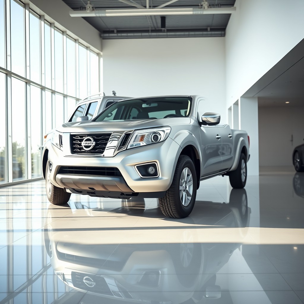 A photorealistic image of a silver Nissan Frontier inside a modern car dealership showroom