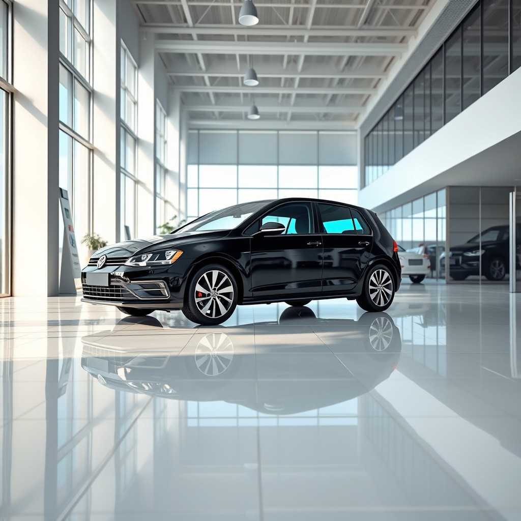 A photorealistic image of a black Volkswagen Golf inside a modern car dealership showroom