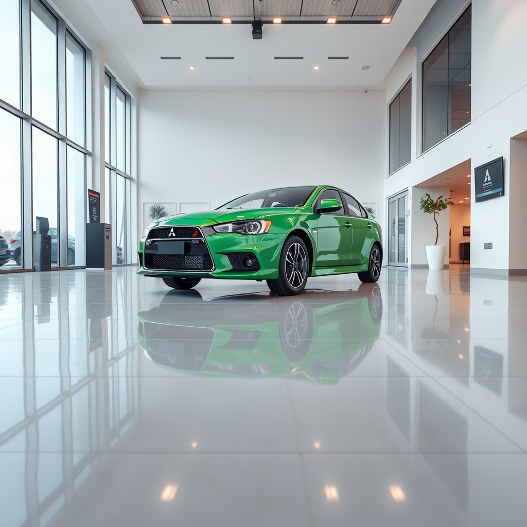 A photorealistic image of a green Mitsubishi Lancer inside a modern car dealership showroom