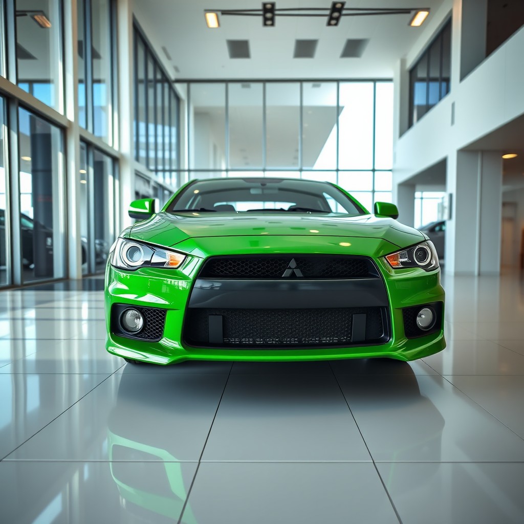 A photorealistic image of a green Mitsubishi Lancer inside a modern car dealership showroom