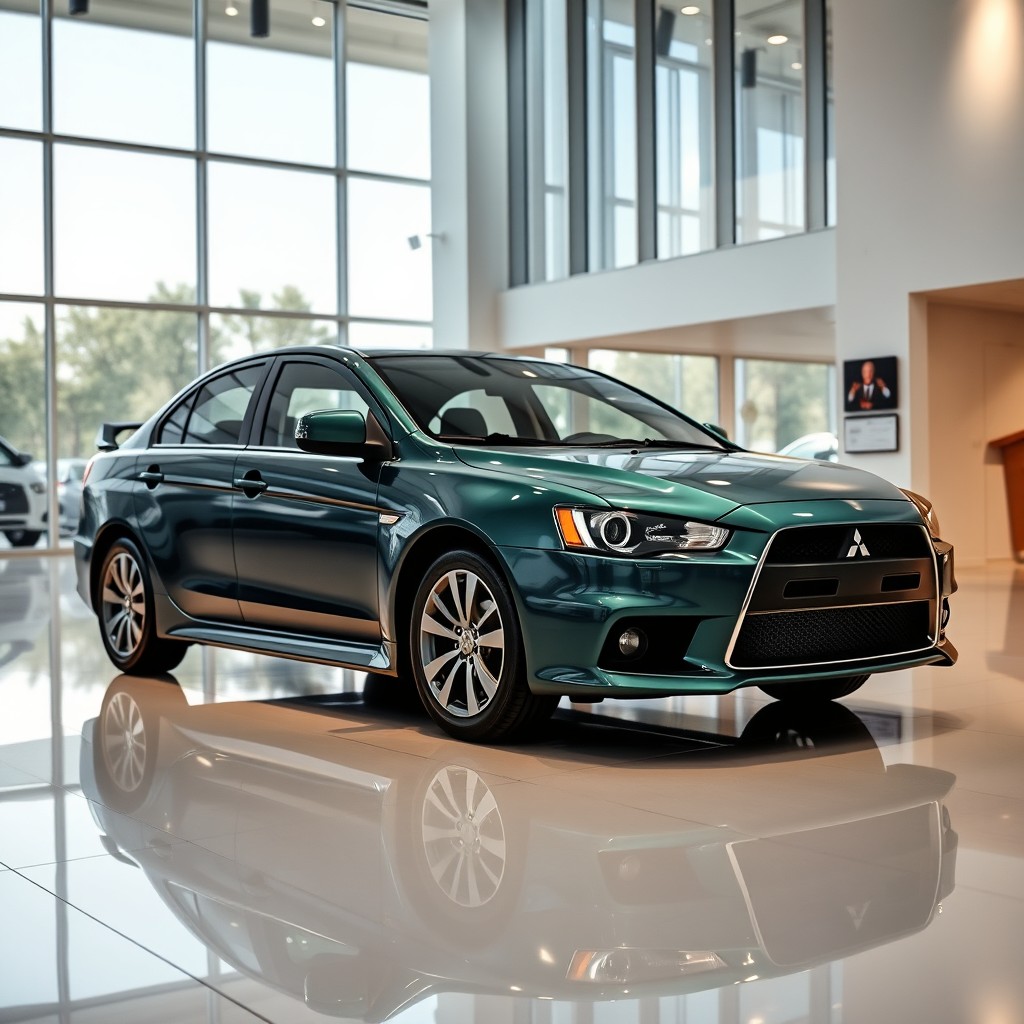 A photorealistic image of a dark metallic green Mitsubishi Lancer inside a modern car dealership showroom