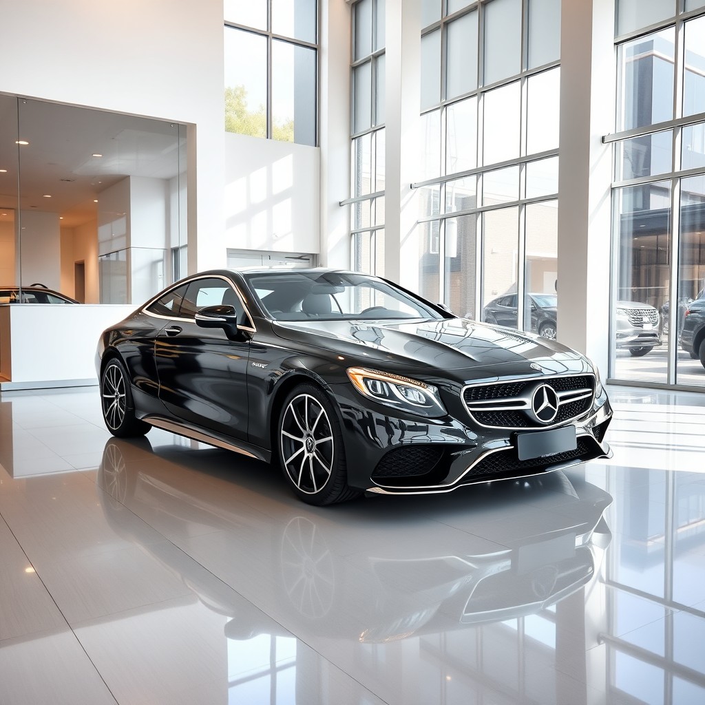 A photorealistic image of a black metallic Mercedes S15 inside a modern car dealership showroom