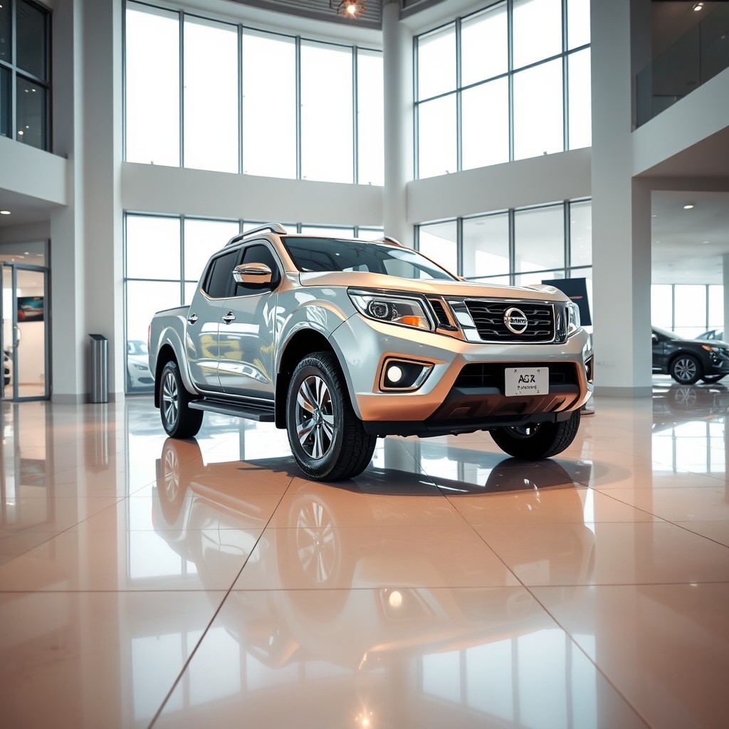 A photorealistic image of a silver metallic Nissan Frontier inside a modern car dealership showroom