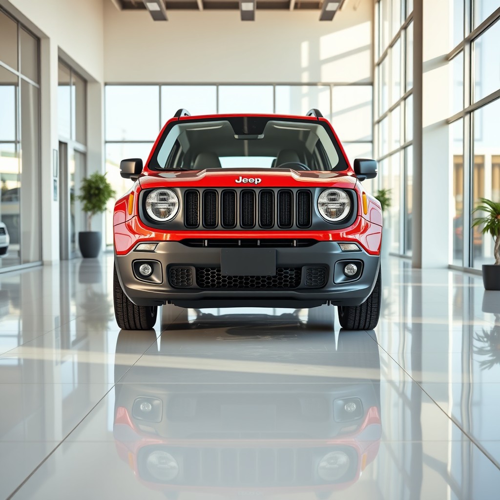 A photorealistic image of a dark metallic red Jeep Renegade inside a modern car dealership showroom