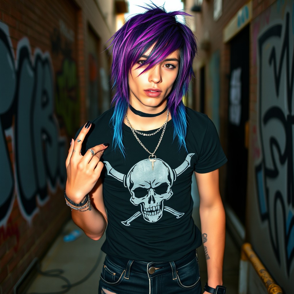 A stylish and confident emo baddie with striking colored hair, adorned with bold streaks of purple and blue
