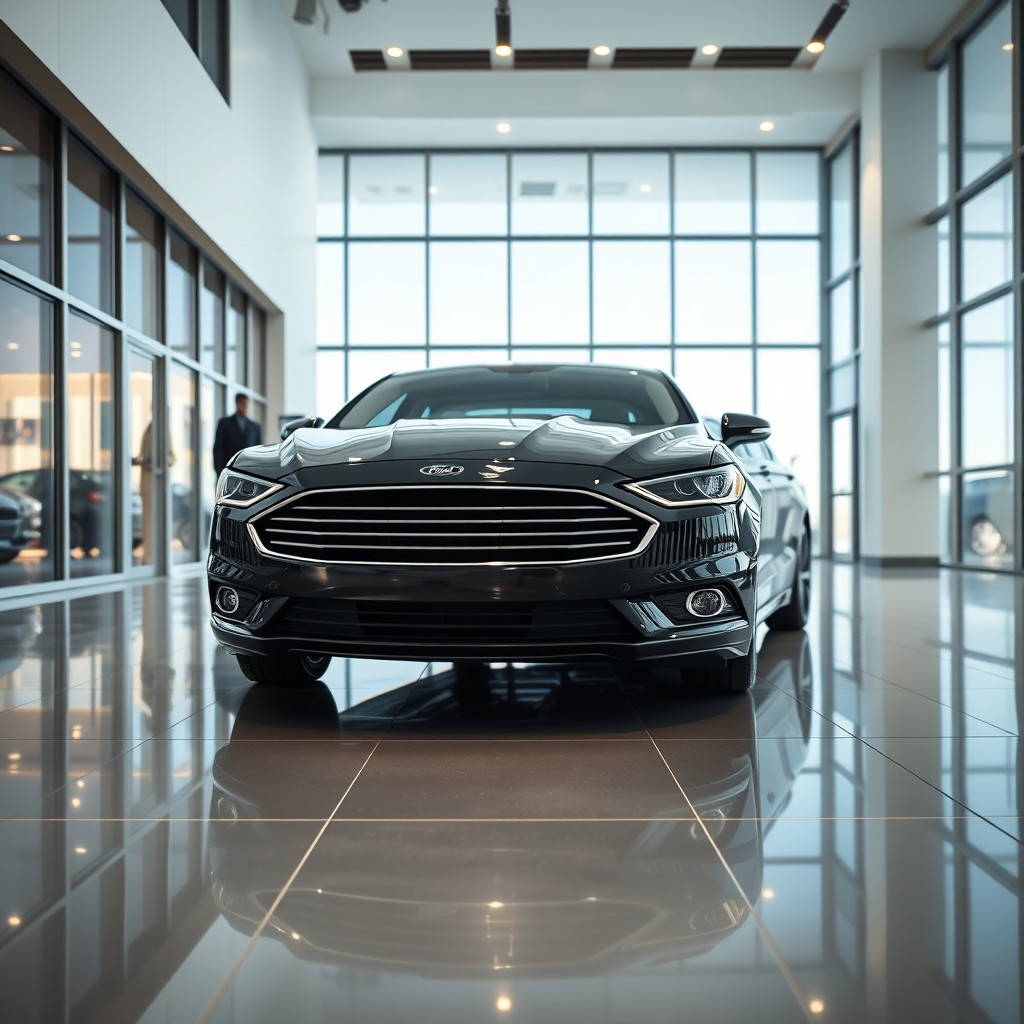 A photorealistic image of a black Ford Fusion inside a modern car dealership showroom