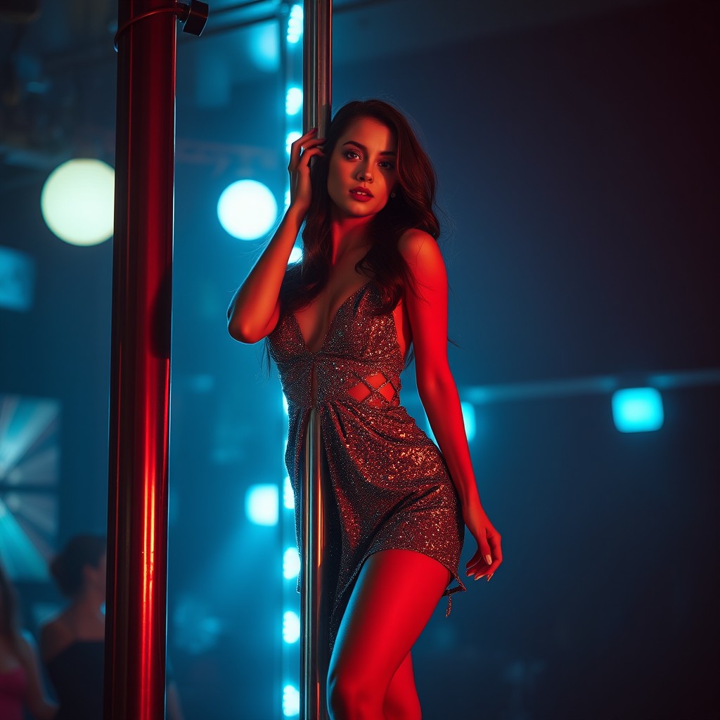 A captivating and elegant portrayal of a girl performing on a strip pole, exuding a confident and artistic presence