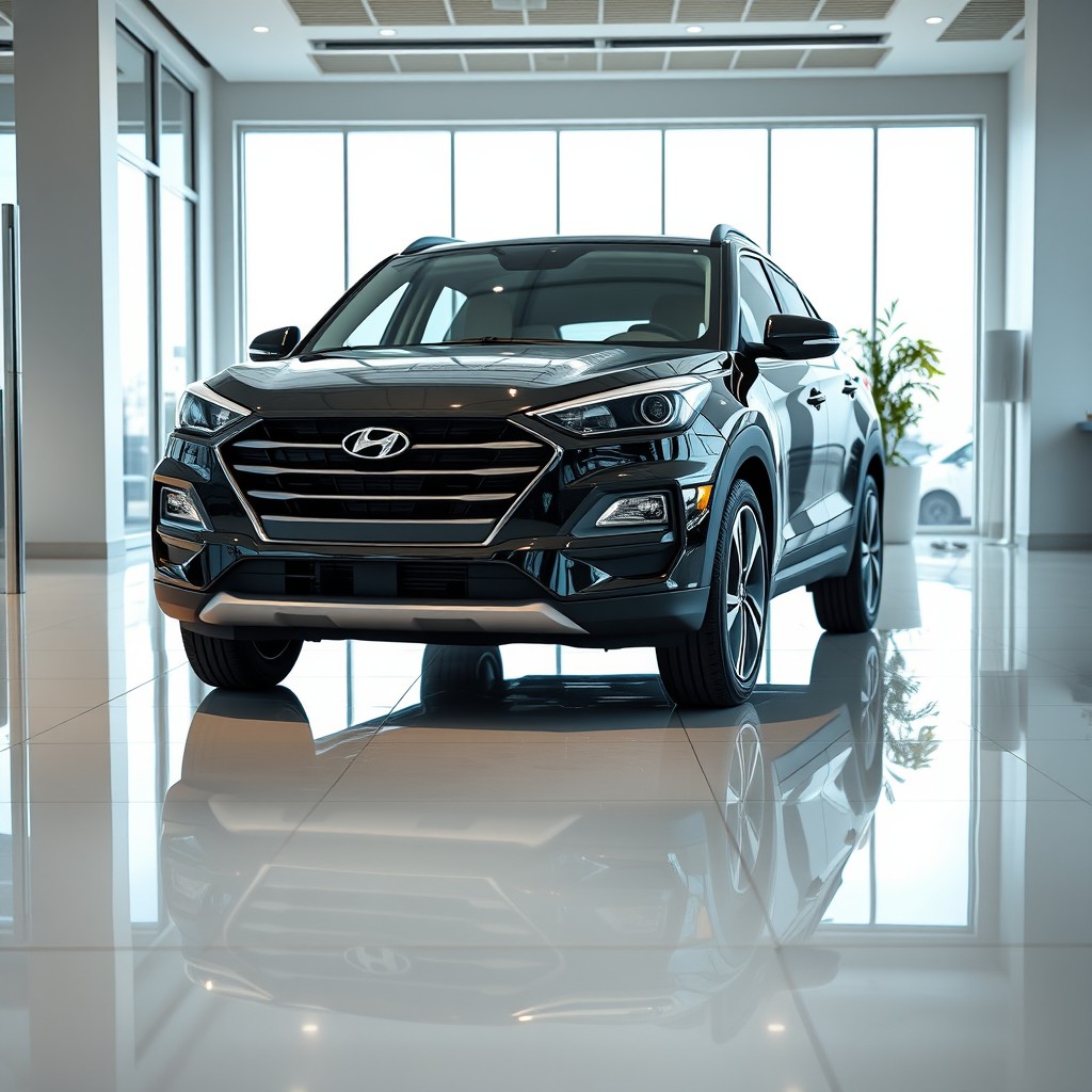 A photorealistic image of a black Hyundai Creta inside a modern car dealership showroom