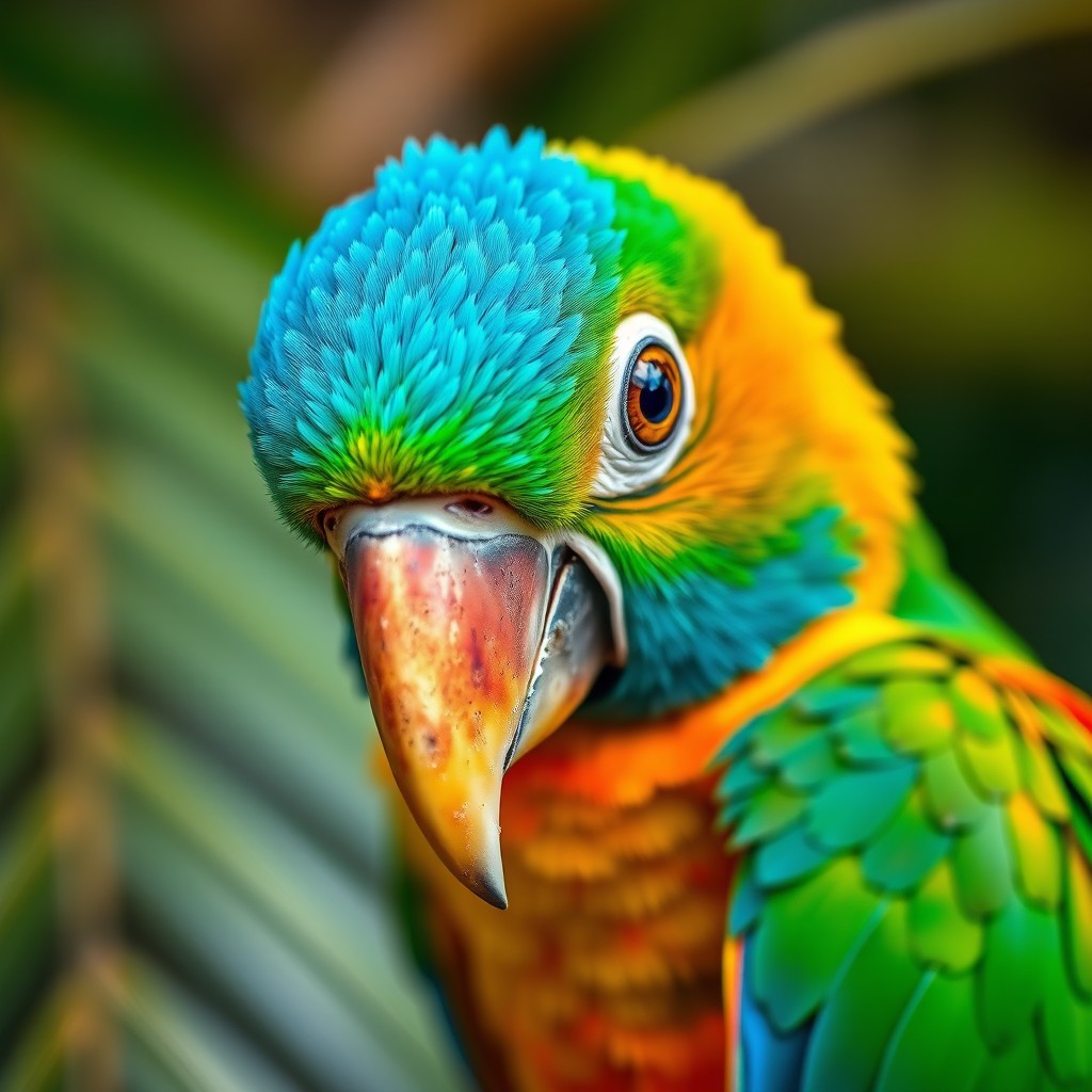 A stunning up-close portrait of a vibrant tropical parrot in vivid colors, showcasing intricate feather details and expressive eyes, with softly blurred leaves suggesting its natural habitat in the background, but the background is removed for a clean, focused look on the parrot itself