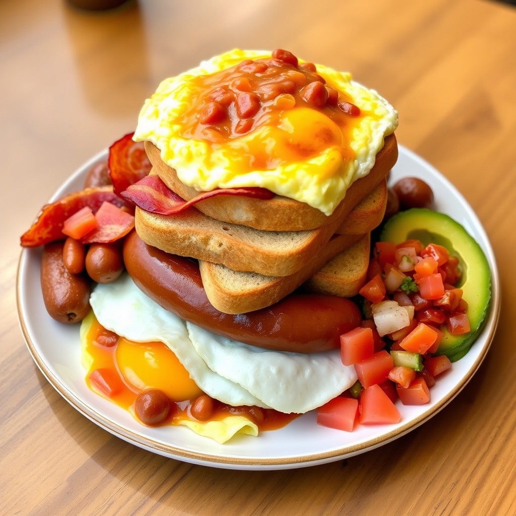 A delicious stacked plate featuring a big breakfast spread