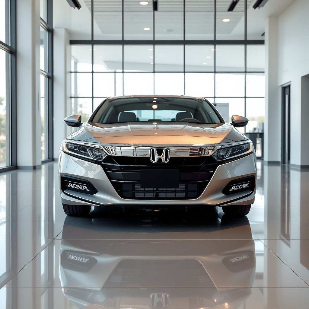 A photorealistic image of a metallic silver Honda Accord inside a modern car dealership showroom