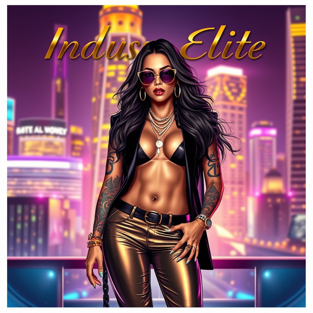 An eye-catching music industry elite cover art featuring a glamorous and stylish artist standing confidently in a luxurious urban setting