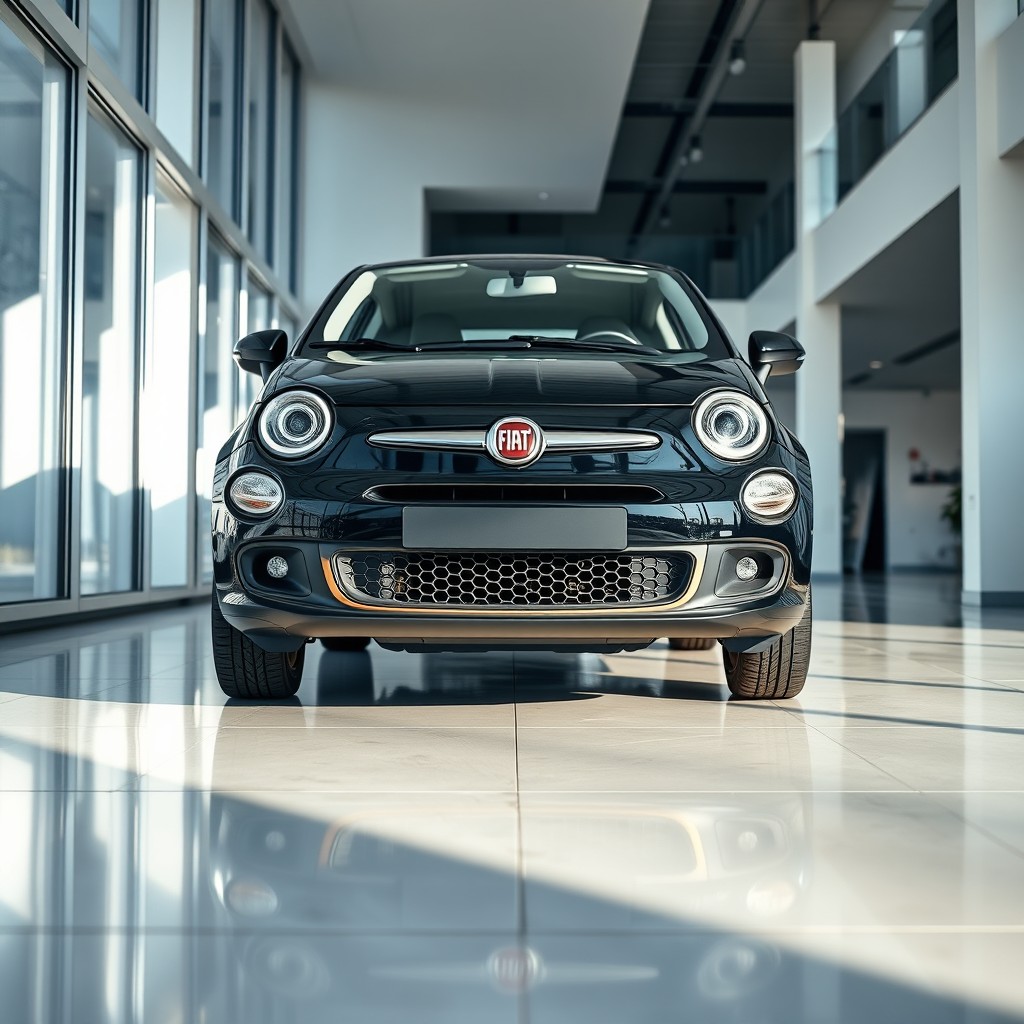 A photorealistic image of a metallic black Fiat Argo inside a modern car dealership showroom