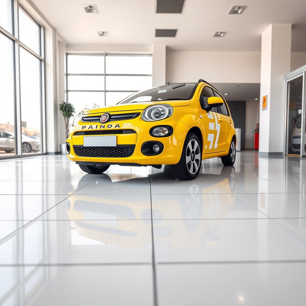 A photorealistic image of a vibrant yellow Fiat Panda inside a modern car dealership showroom