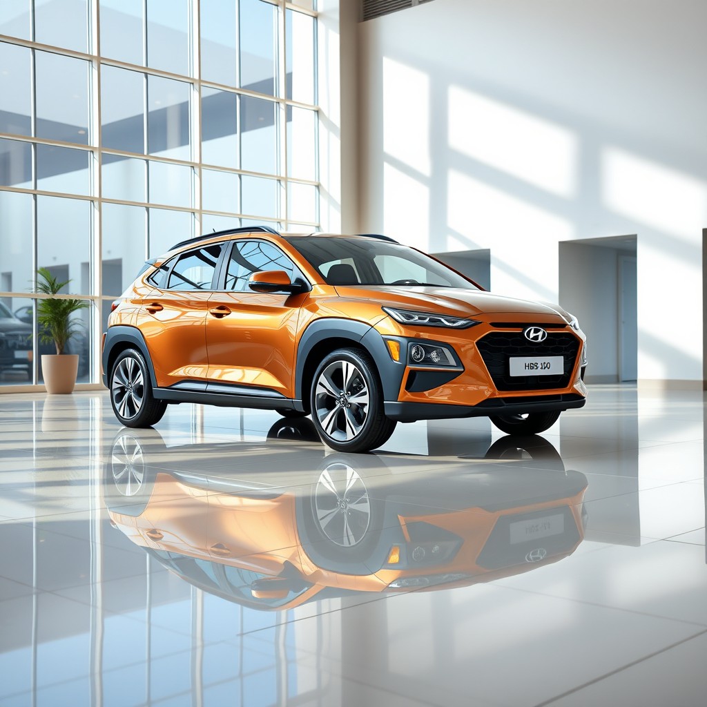 A photorealistic image of a metallic brown Hyundai HB20 inside a modern car dealership showroom